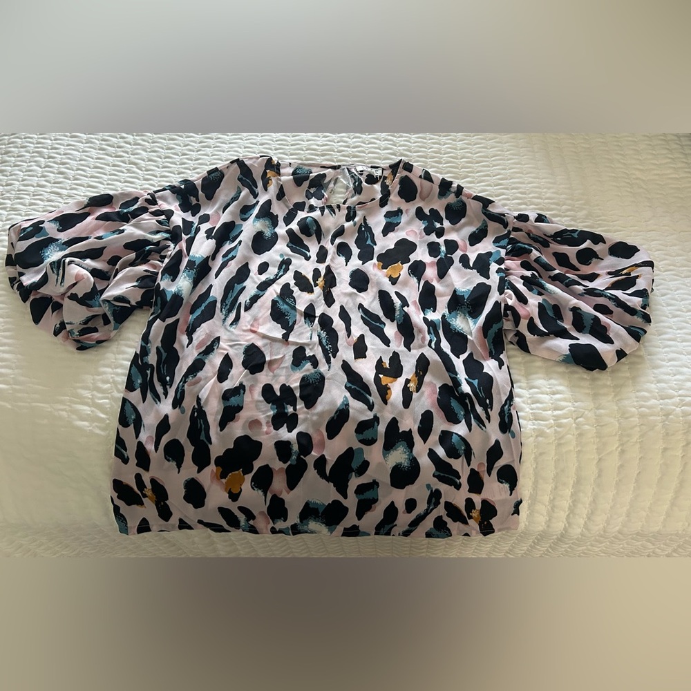 NEW TCEC short sleeve blouse, pink background with animal print